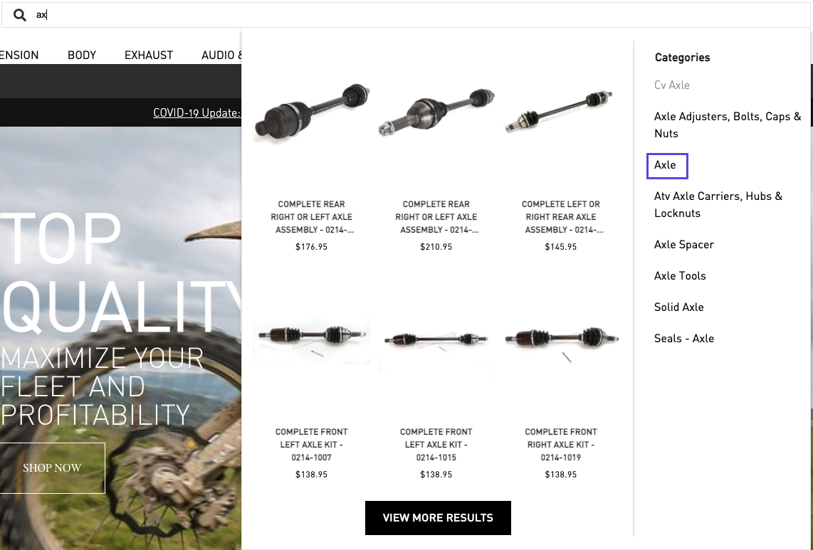 Open preview search widget with Axle category highlighted.