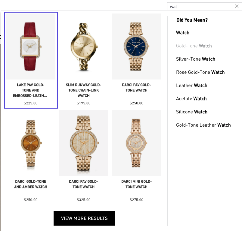 Screenshot of preview search widget with watch highlighted.