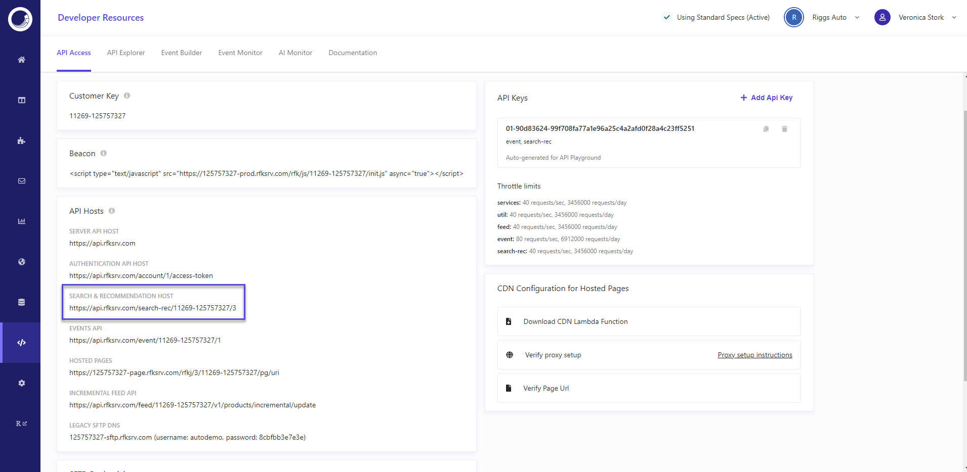The API Access tab in Developer Resources with the Search and Recommendation API URL selected. The API Access tab in Developer Resources with the Search and Recommendation API URL selected.