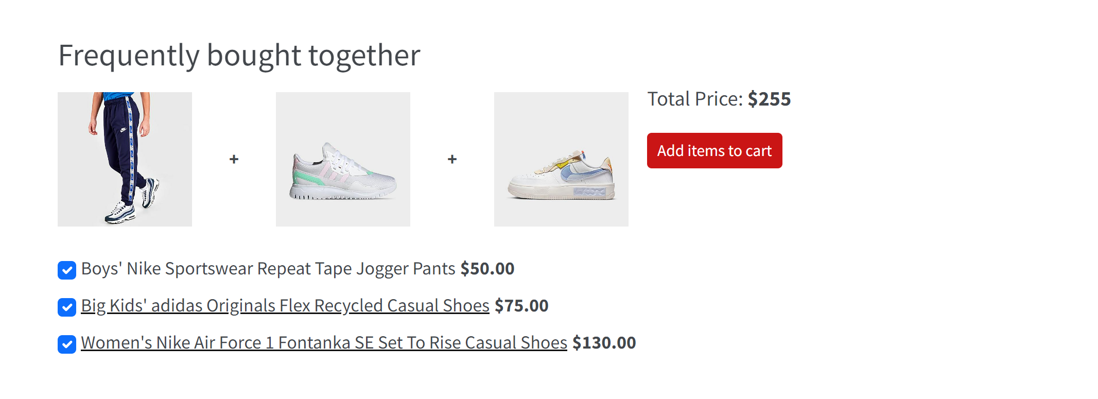 Screenshot of a typical Frequently bought together recommendation widget. Screenshot of a typical Frequently bought together recommendation widget.