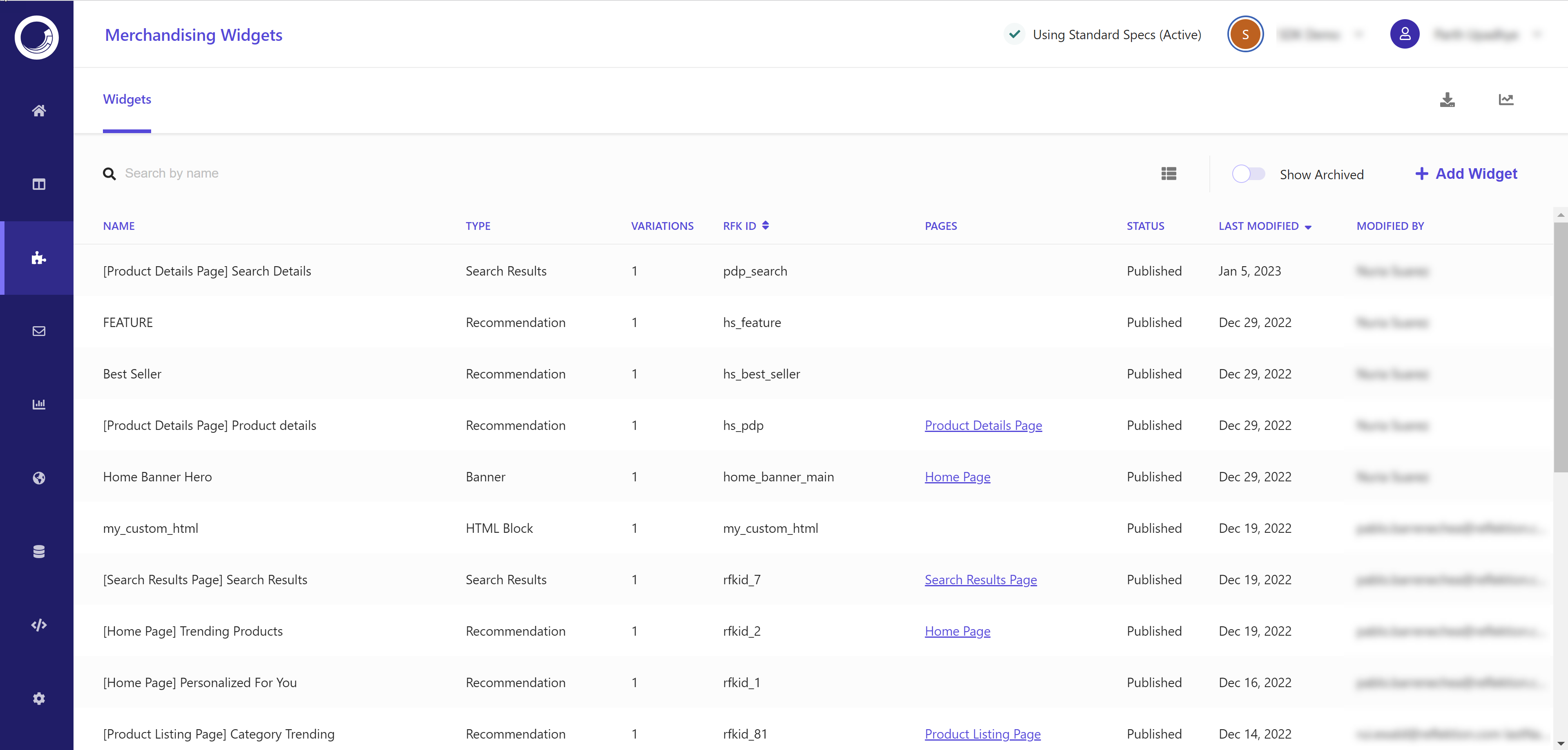 Screenshot of the merchandising widgets page in the CEC.