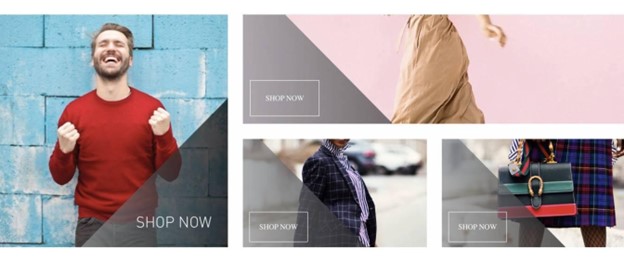 There are 4 images of different sizes. Each image has overlay text and a call-to-action button. The first image is in the first column. The second image occupies the top row of the second and third columns. The third and fourth images occupy the bottom rows of the second and third columns. There are 4 images of different sizes. Each image has overlay text and a call-to-action button. The first image is in the first column. The second image occupies the top row of the second and third columns. The third and fourth images occupy the bottom rows of the second and third columns.