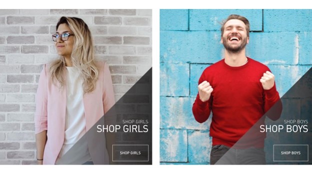 Two images appear side by side, each with overlay text and a call-to-action button. Two images appear side by side, each with overlay text and a call-to-action button.