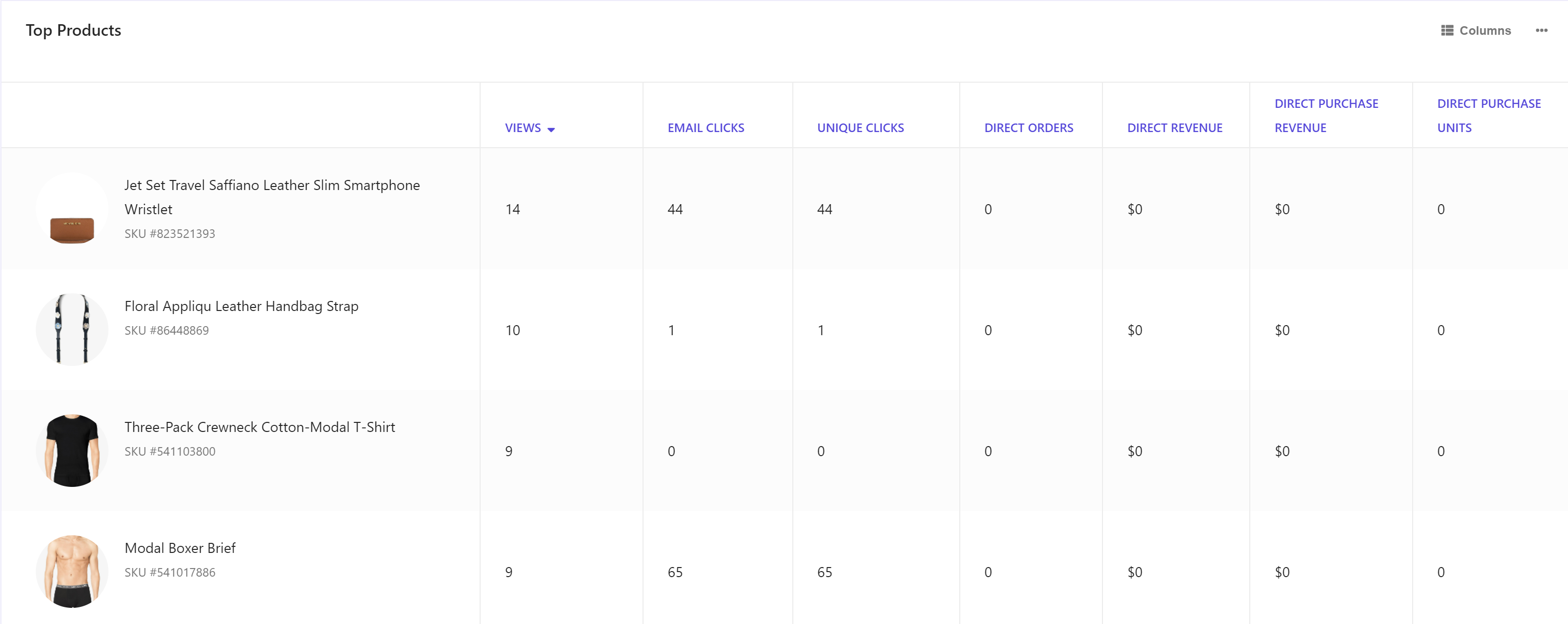 Screenshot of top products in email campaigns