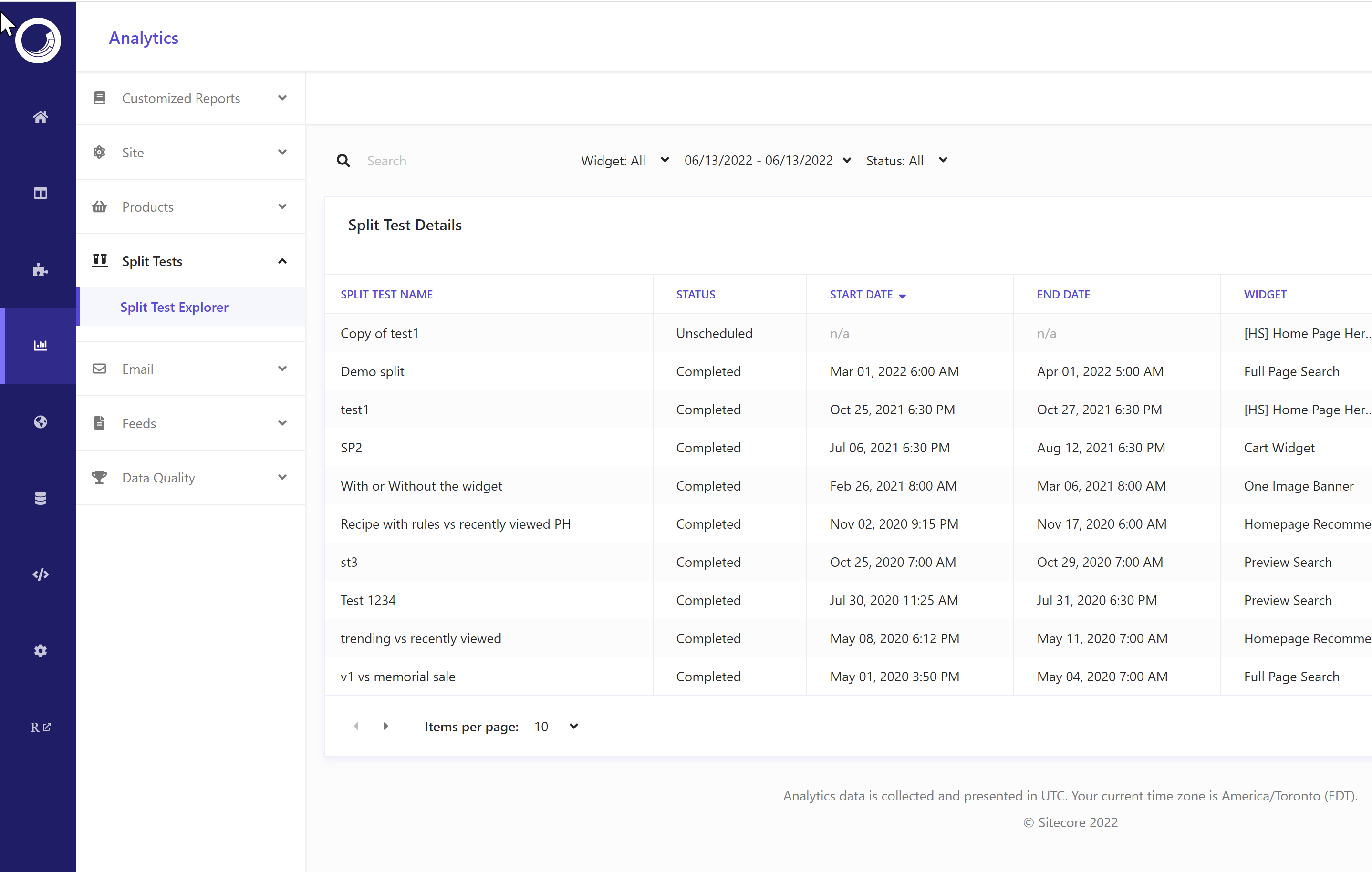 Screenshot of split tests explorer.