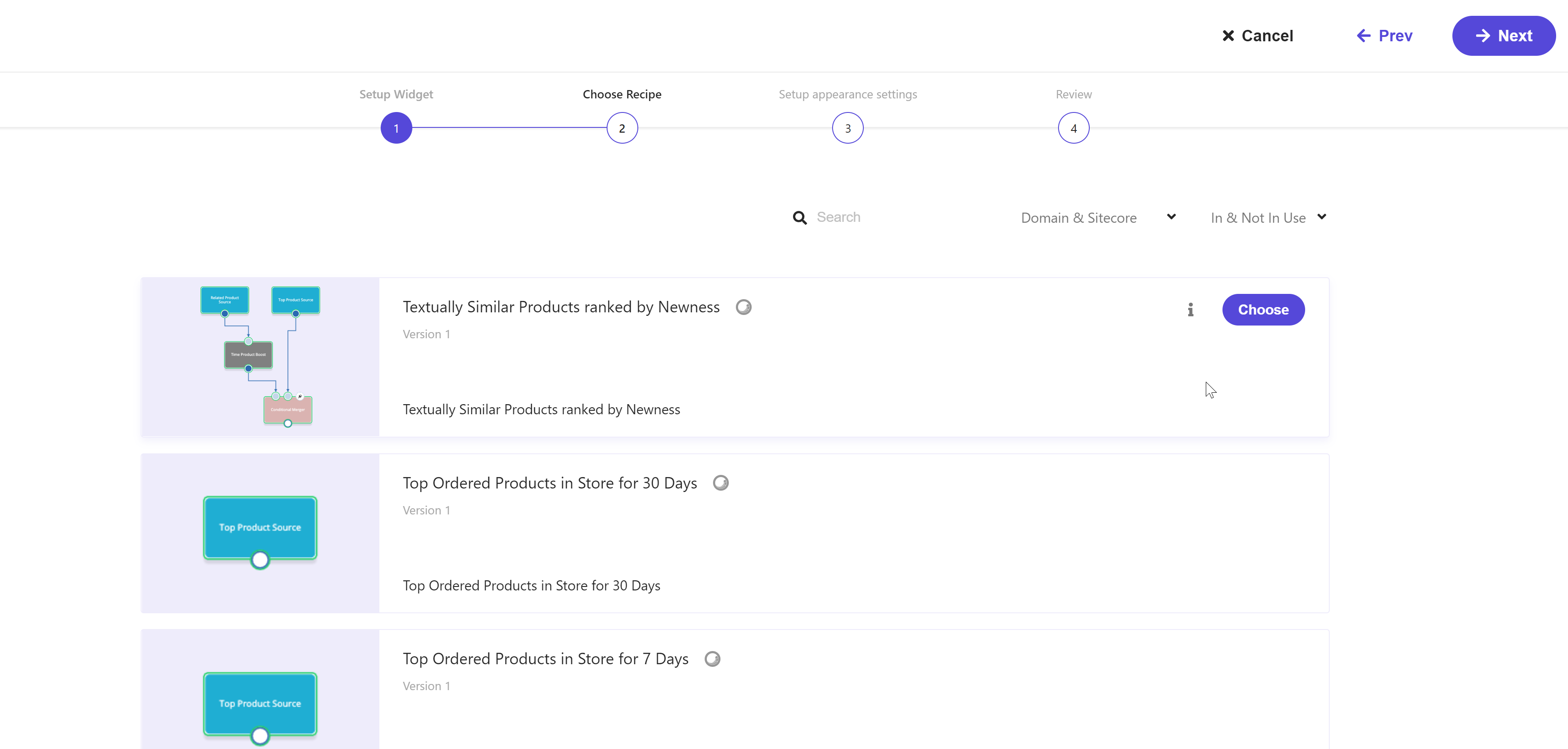 Screenshot of the Choose Recipe step while creating a recommendation widget. Screenshot of the Choose Recipe step while creating a recommendation widget.
