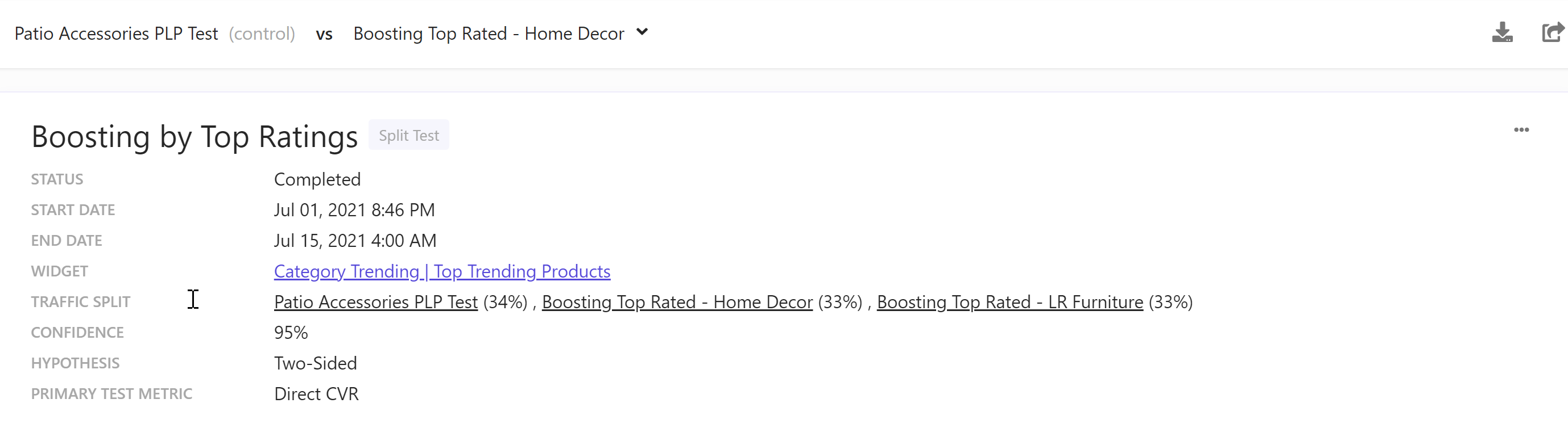 Screenshot of drop-down selector for split testing multiple variations.