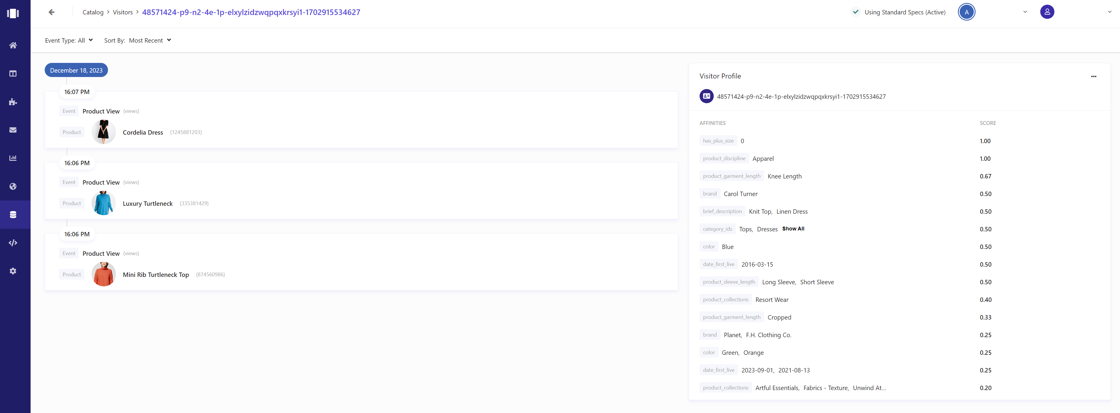 Visitor profile showing recent visitor actions on the left and affinities on the right.