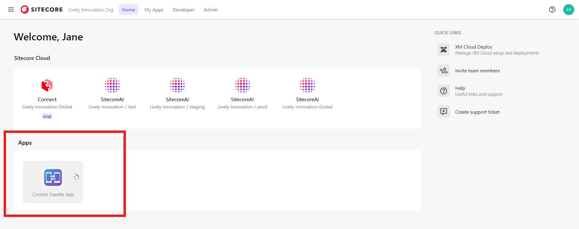An example, standalone content transfer app appears under the Cloud Portal navigation header.