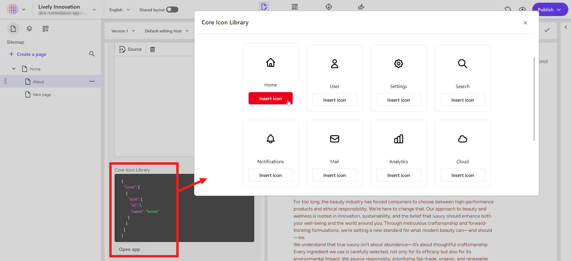 An example custom field appears in the page content panel. The corresponding Marketplace app appears in a modal.