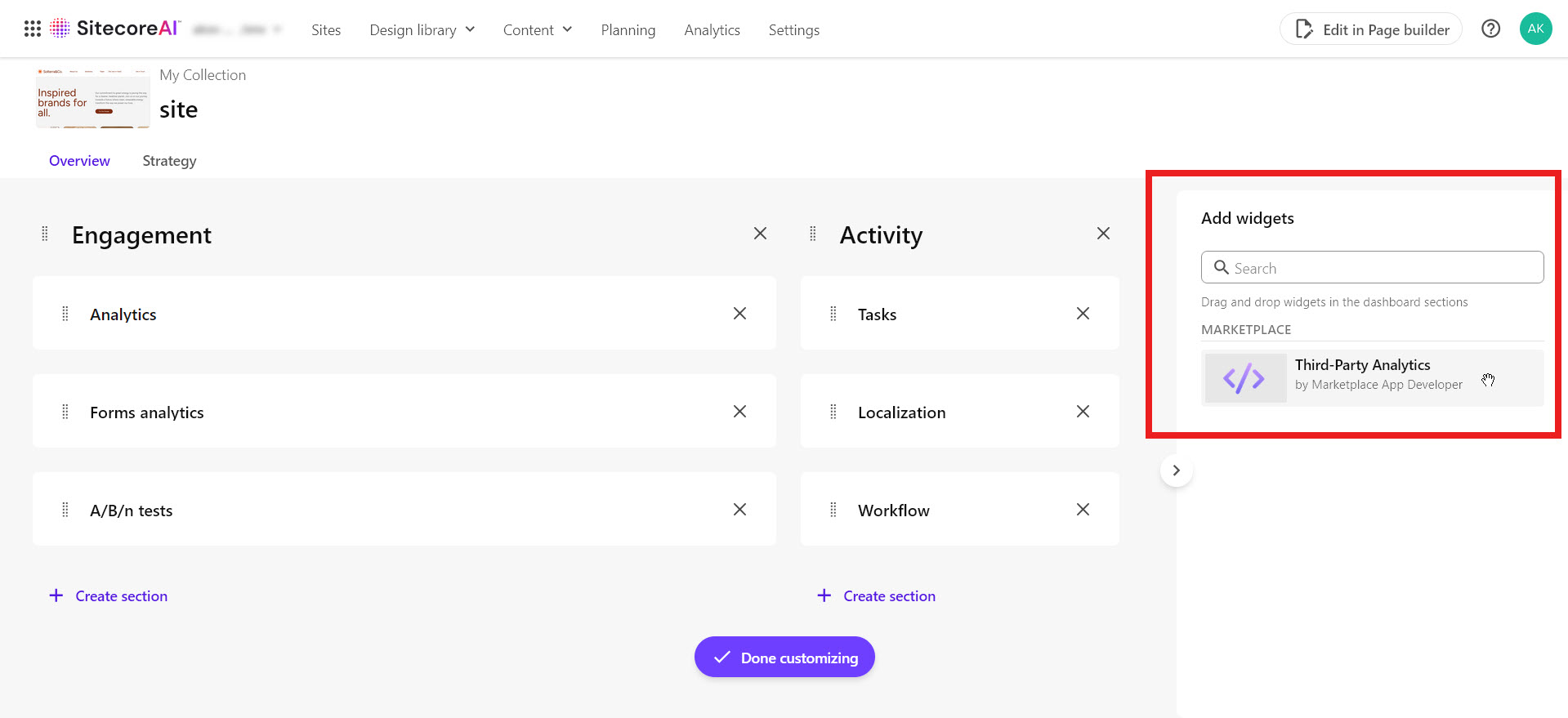 A dashboard widget appears on the dashboard customization page of a SitecoreAI site.