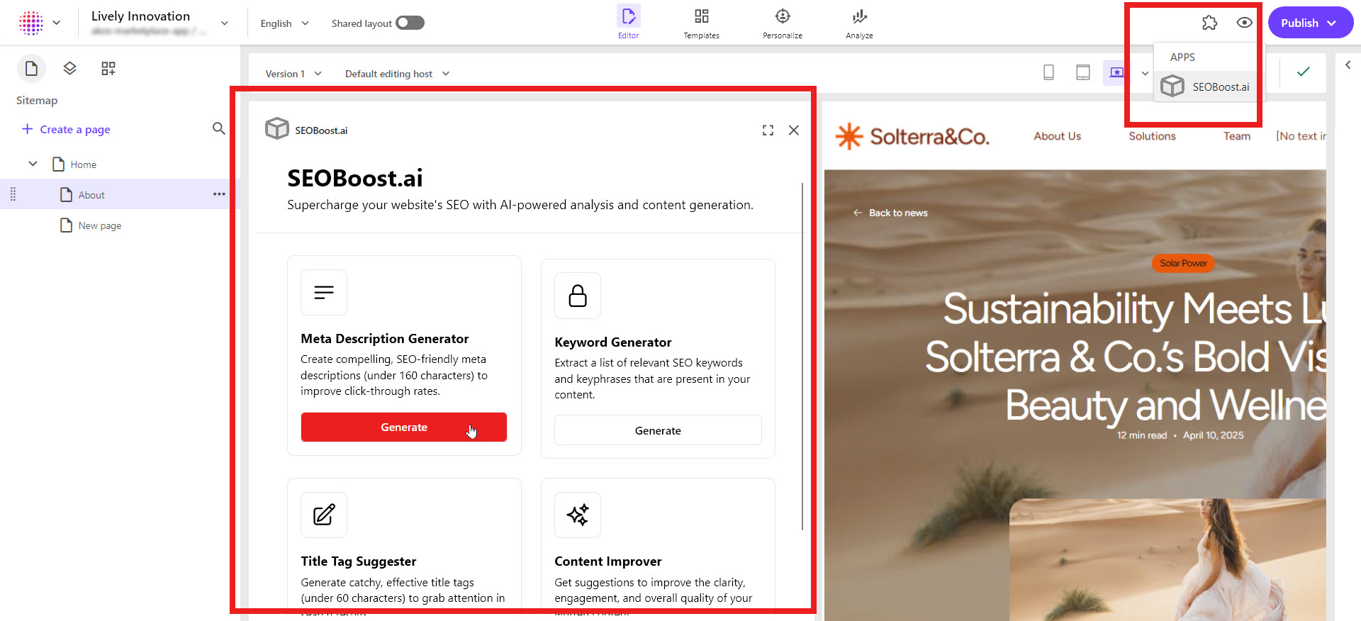 An example SEO plugin appears in the context panel in the SitecoreAI Page builder.