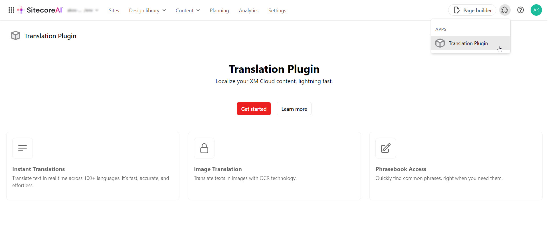 A full-screen app appears under the SitecoreAI navigation header.