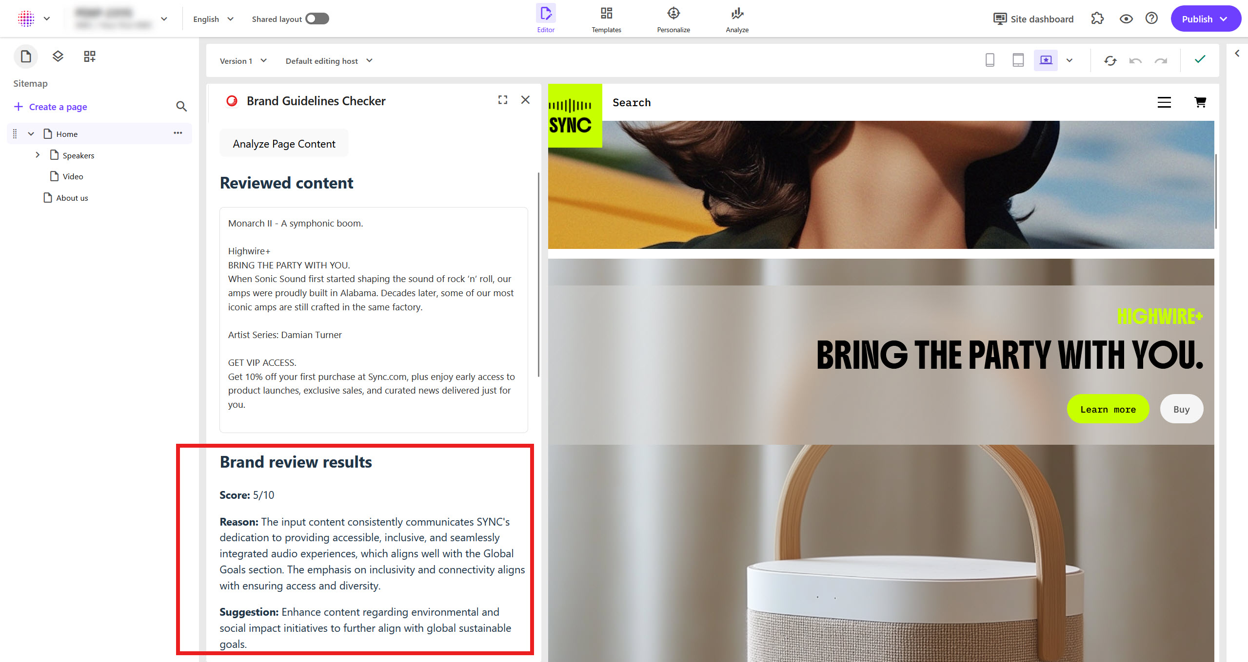 An example Marketplace app displays the evaluation results of some page content.