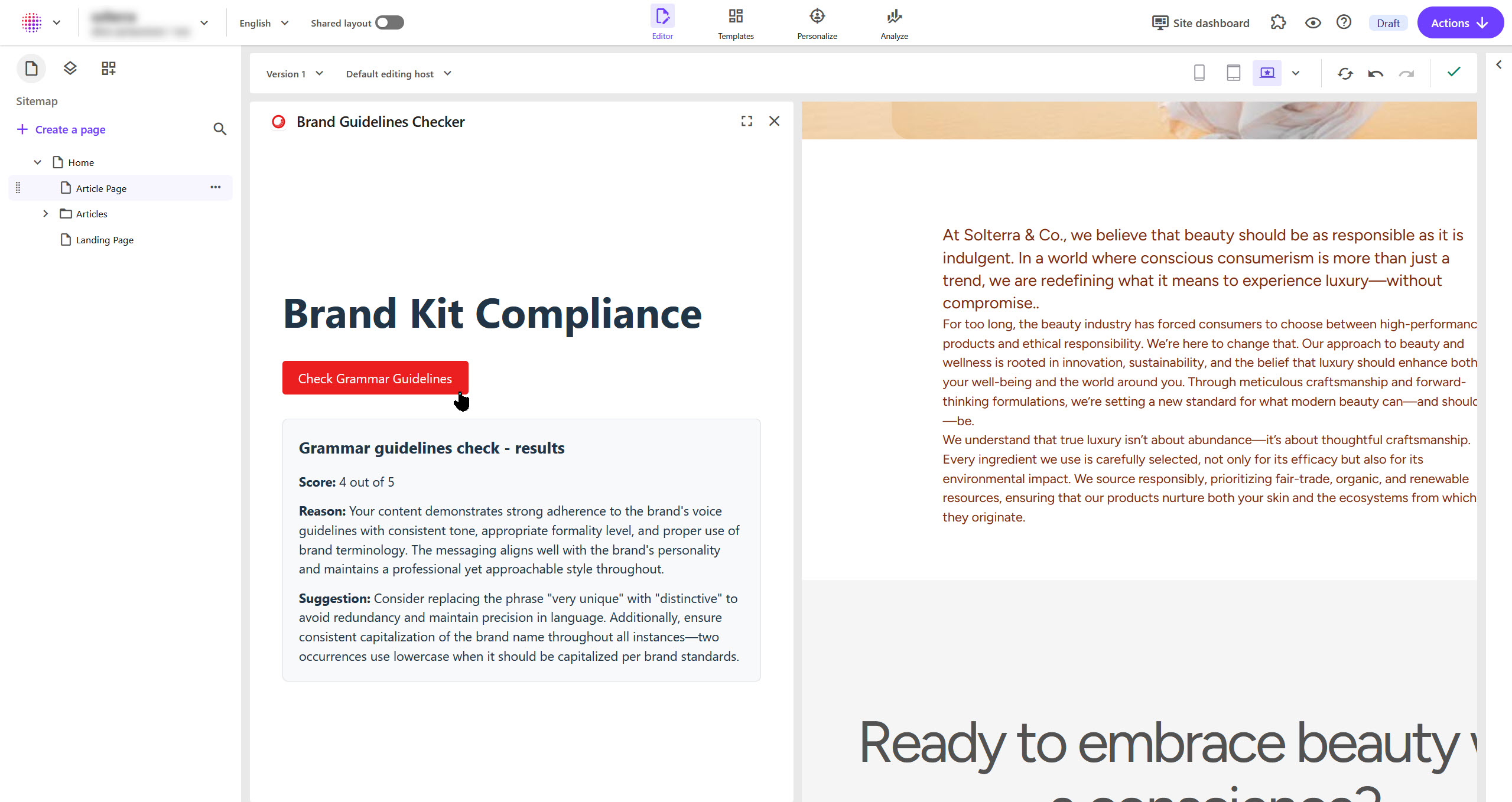 An example Marketplace app displays a "Check Grammar Guidelines" button and the evaluation results of some page content.
