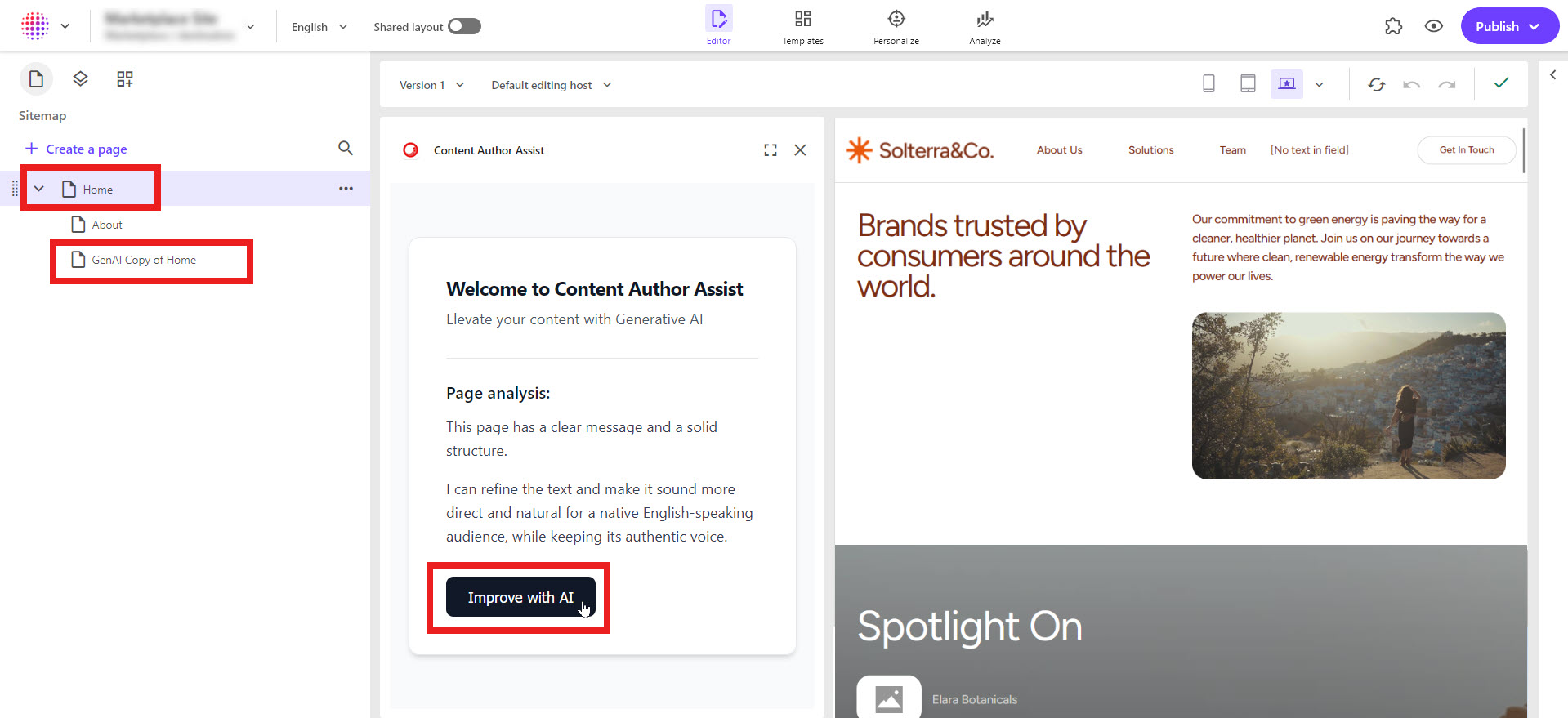 A Marketplace app creates a subpage under the current one when the user clicks the Improve with AI button.