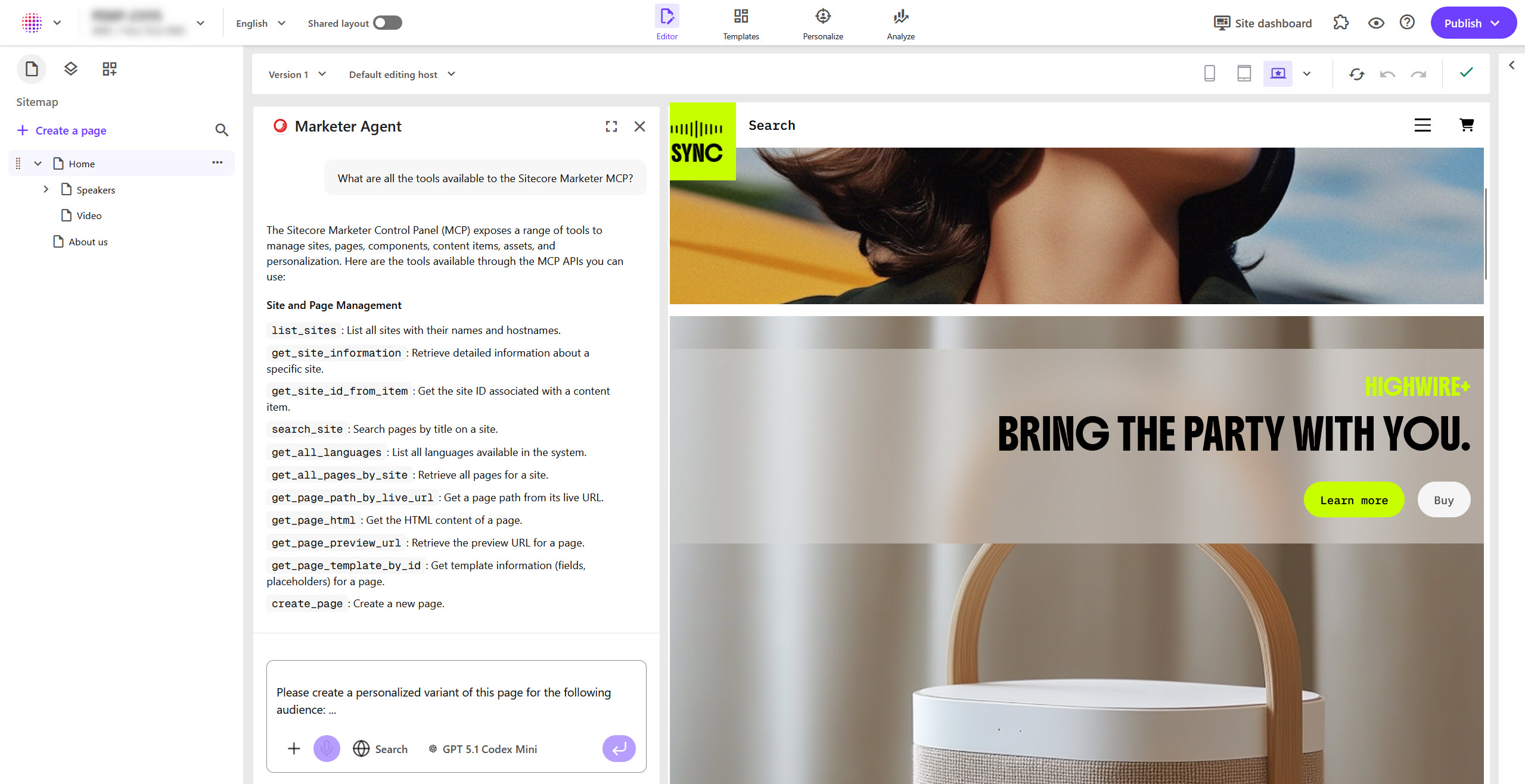 A Marketplace app with a chat user interface lists the tools available in the Marketer MCP.