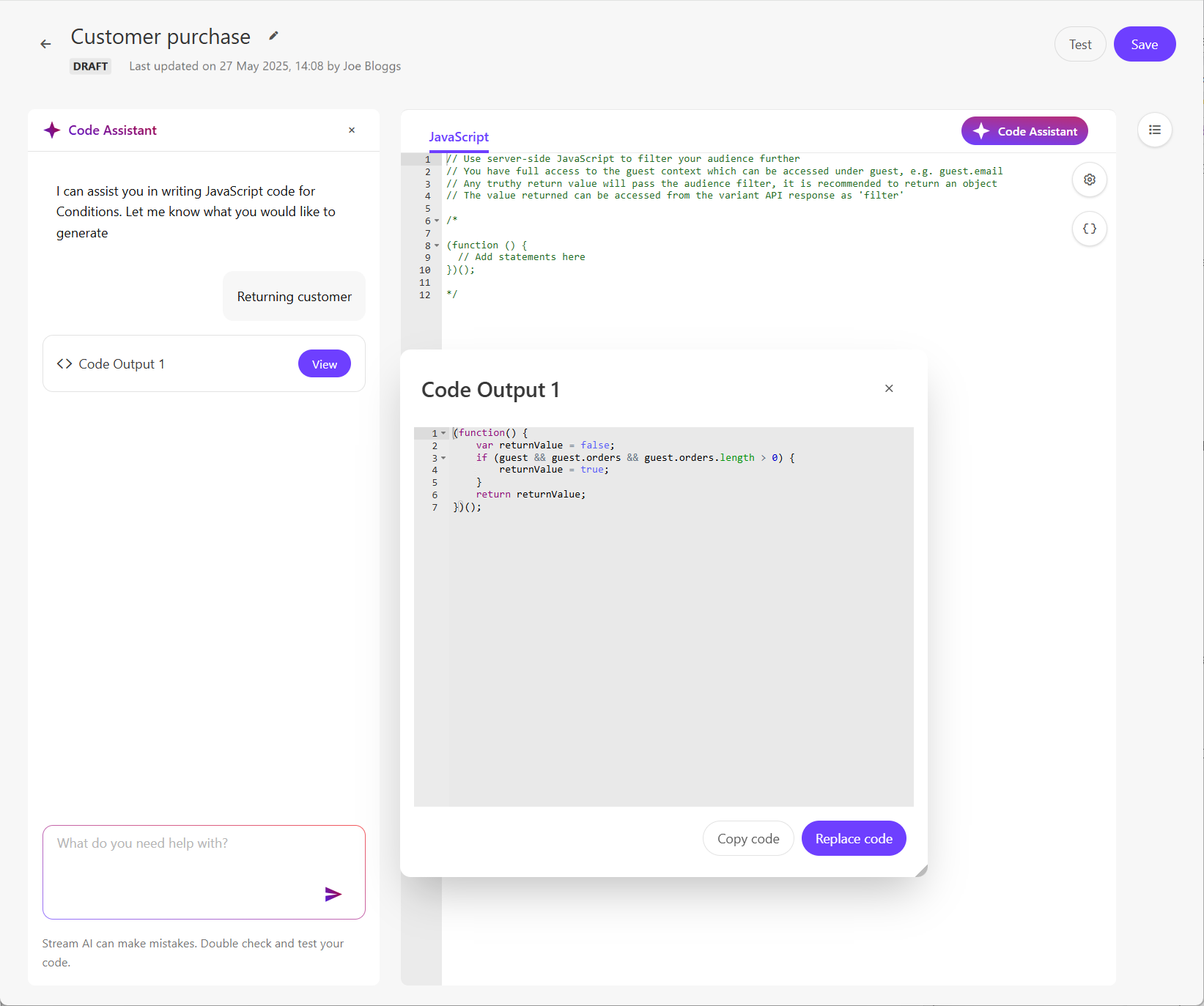 The AI-generated code is labeled with a version number in the left-hand pane.