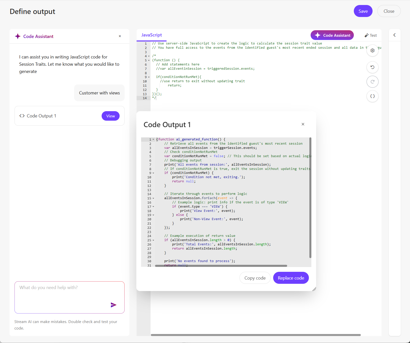 The AI-generated code is labeled with a version number in the left-hand pane.