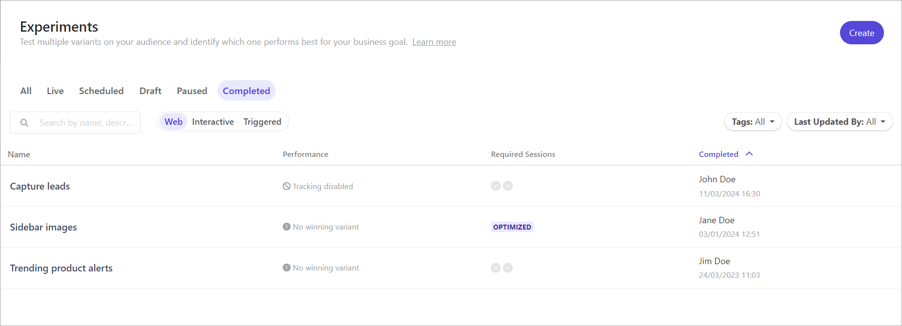 The list of completed experiments in Sitecore Personalize