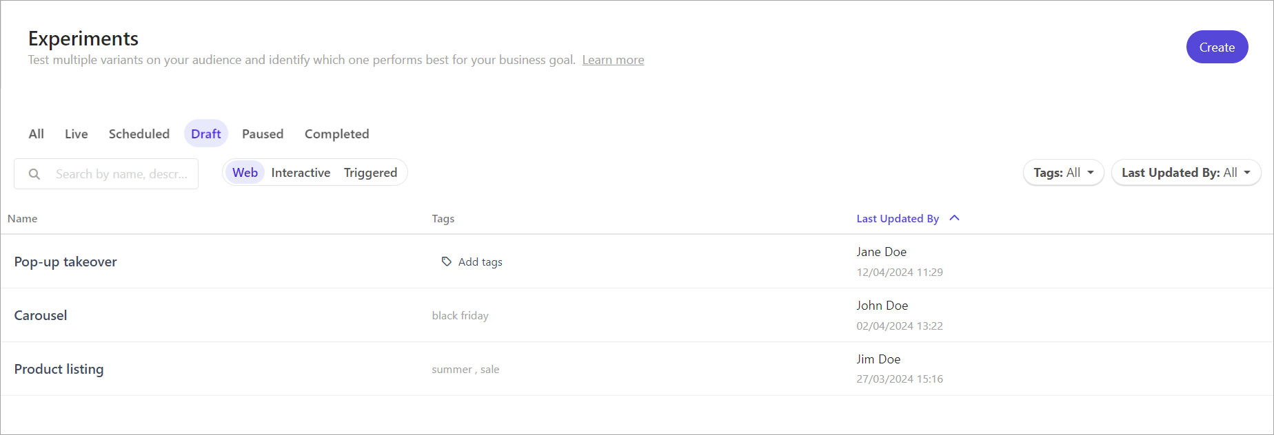 The list of draft experiments in Sitecore Personalize