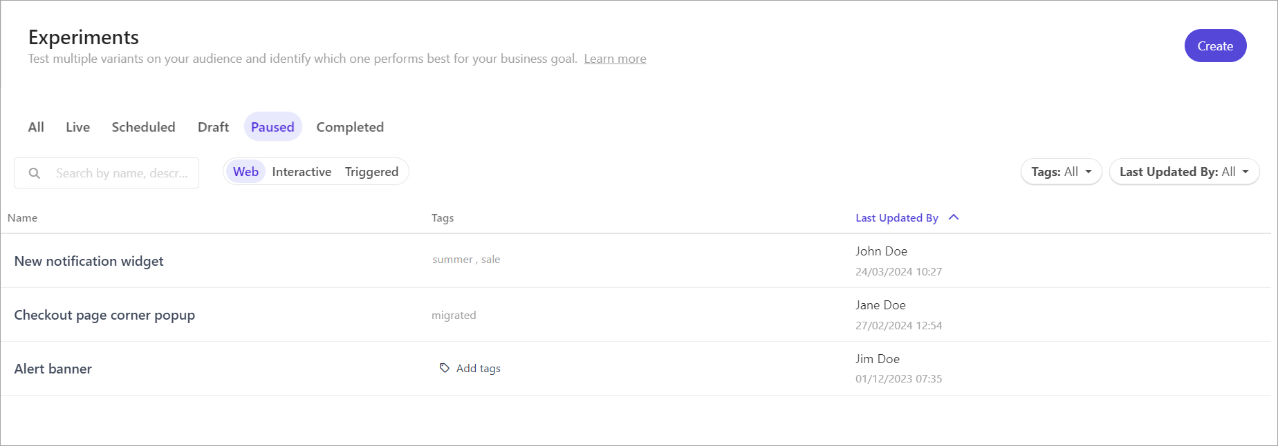 The list of paused experiments in Sitecore Personalize