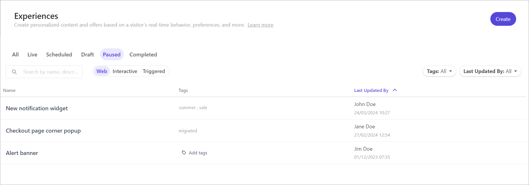 The list of paused experiences in Sitecore Personalize The list of paused experiences in Sitecore Personalize