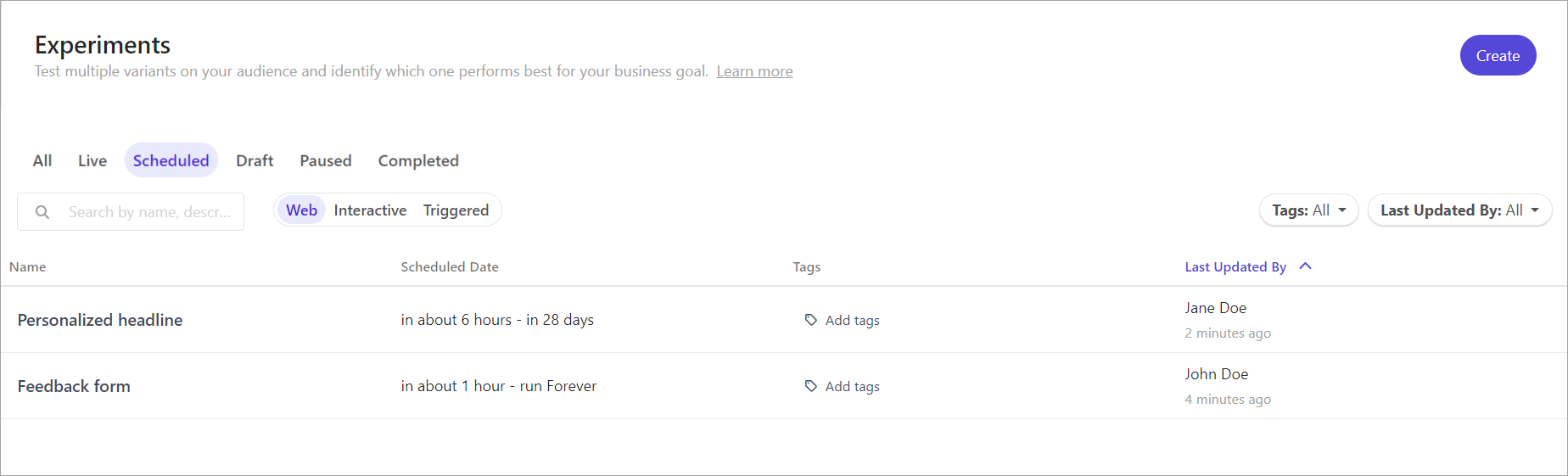 The list of scheduled experiments in Sitecore Personalize