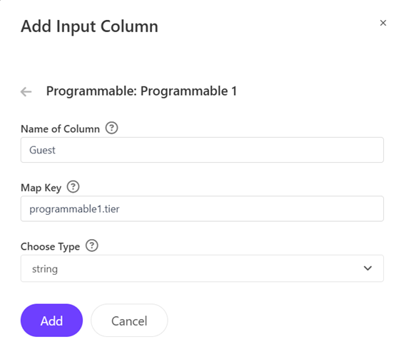 Input column settings should indicate the name, MAP key and data type.