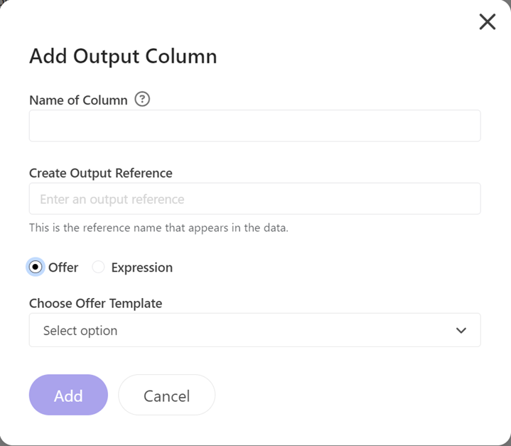 The Add Output Column window in a decision table.