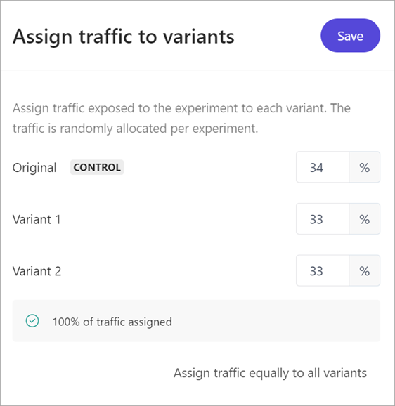 The Assign traffic to variants pane is used to distribute the allocated traffic to experiment variants using percentages.