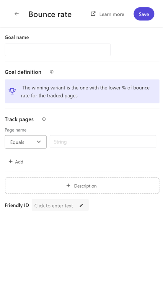 Adding a bounce rate goal to an experiment in Sitecore Personalize.