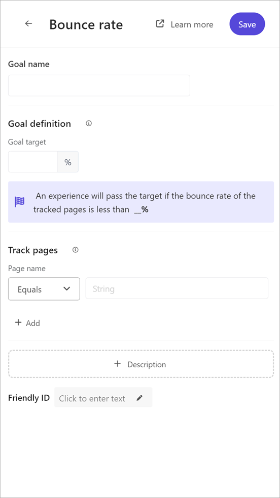 Adding a bounce rate goal to an experience in Sitecore Personalize.