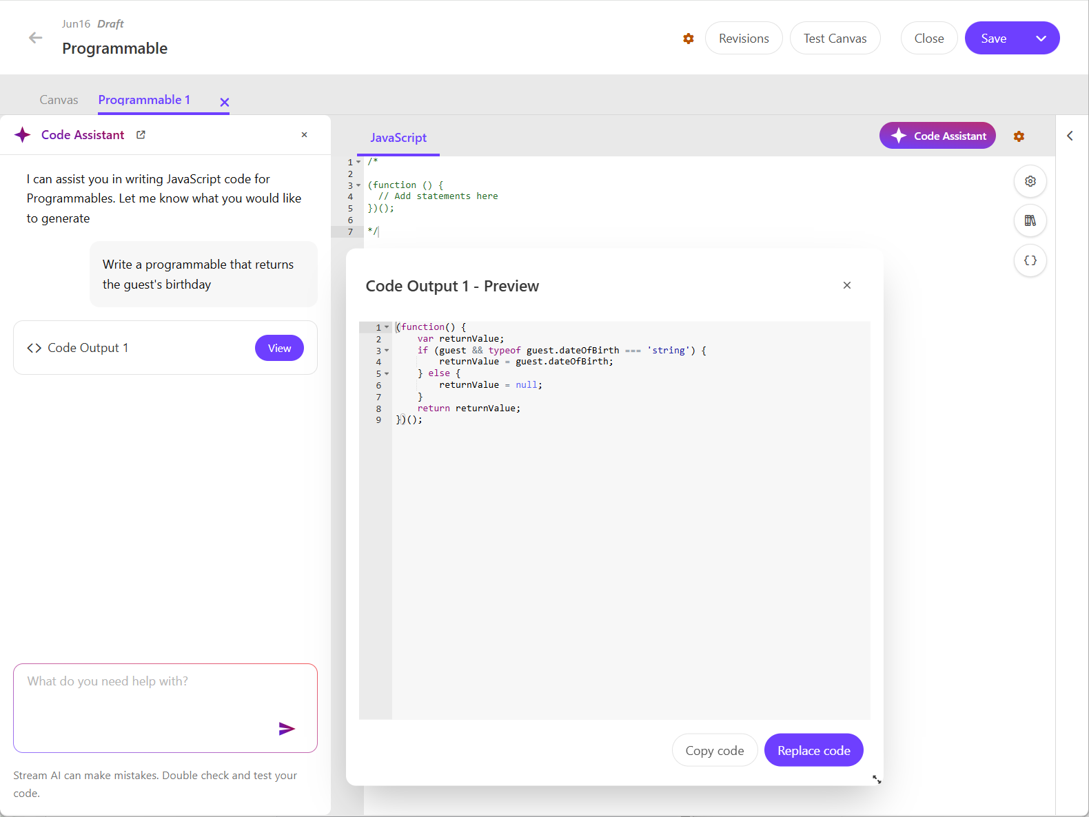 The AI-generated code is labeled with a version number in the left-hand pane.