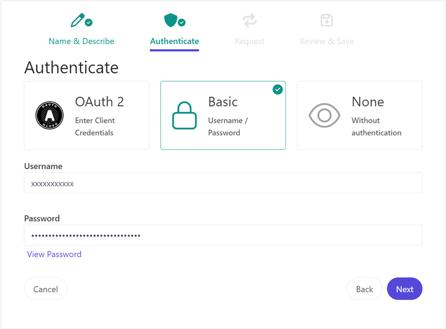 The Authenticate page lets you select the authentication method to connect to an external destination.