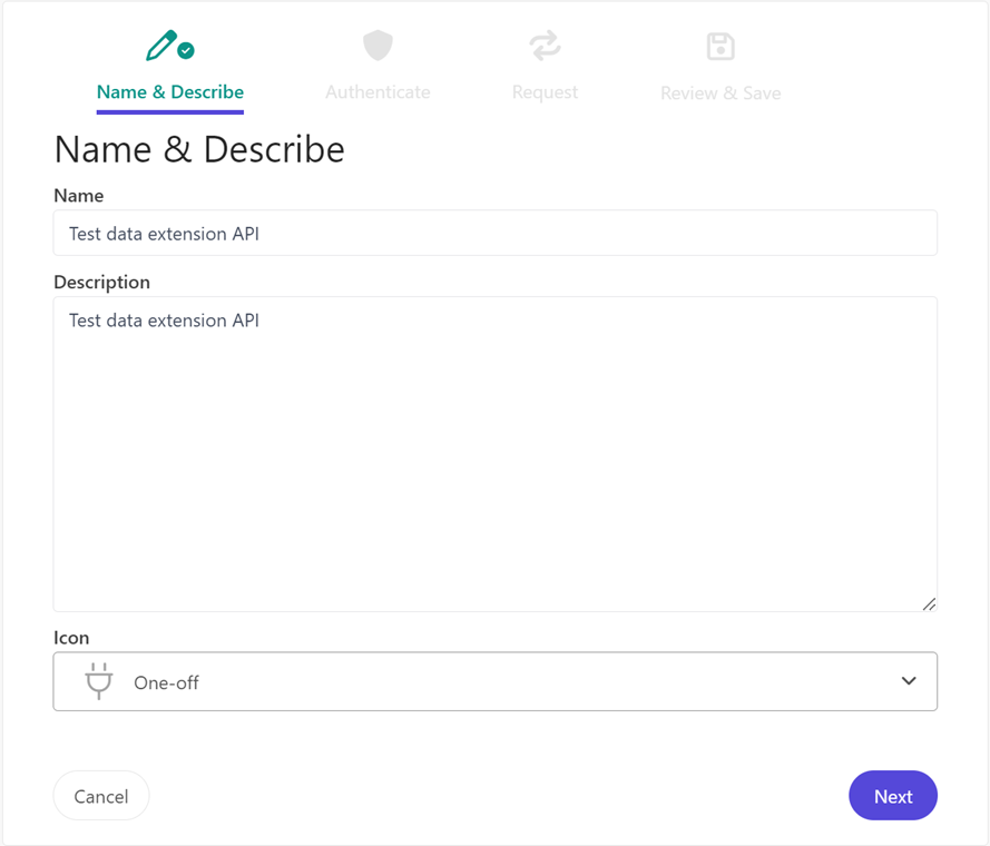 The Name & Describe page when creating a new connection in Sitecore Personalize.