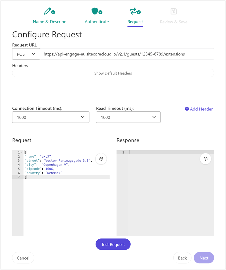 The Configure Request page lets you set the request method, URL, headers, and body to use for the external destination.