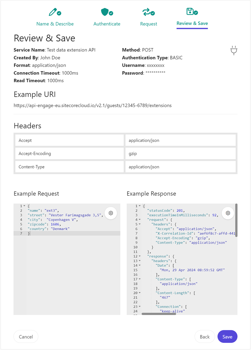 The Review & Save page provides a summary of your external destination.