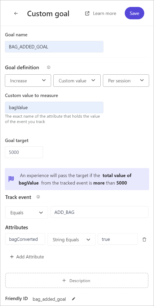 Adding a custom goal to an experience in Sitecore Personalize.