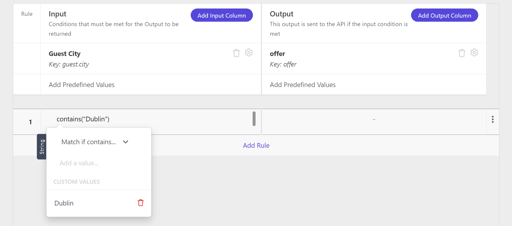 Click the Input column to select an operator to match the entered input.