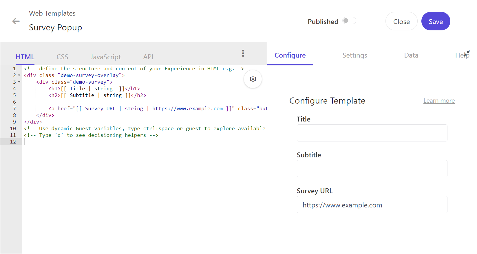 Configuring HTML in a web template.