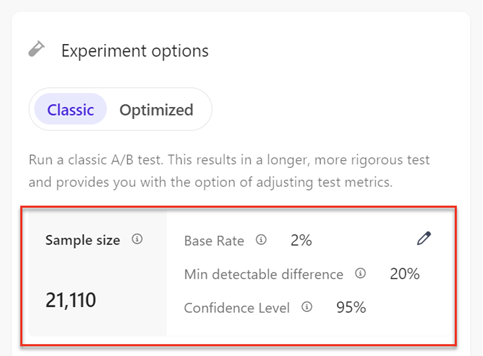 The Experiment options pane allows for sample size calculation adjustments.