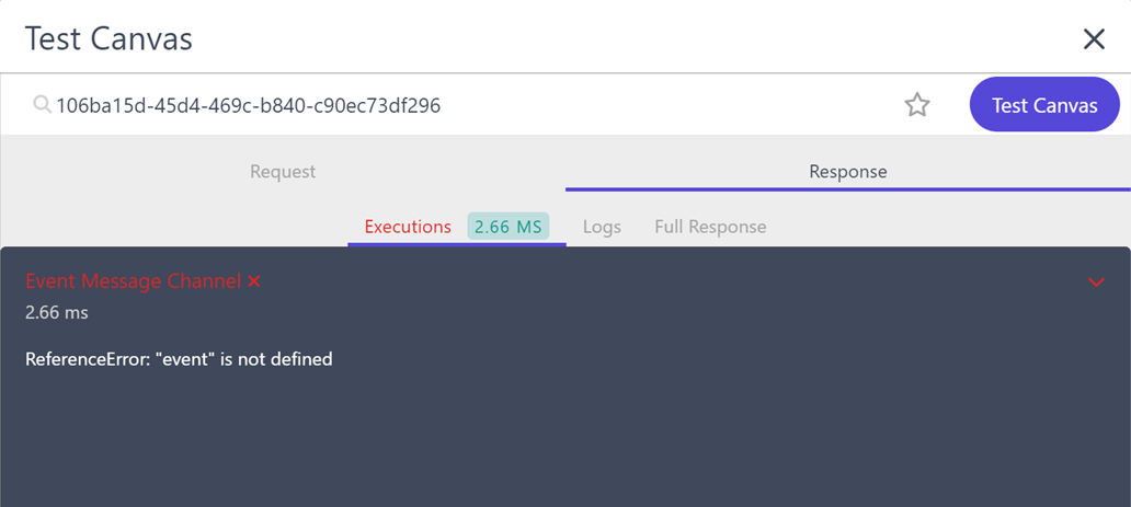 The Executions tab in the Test Canvas indicates which decision model node causes the error.