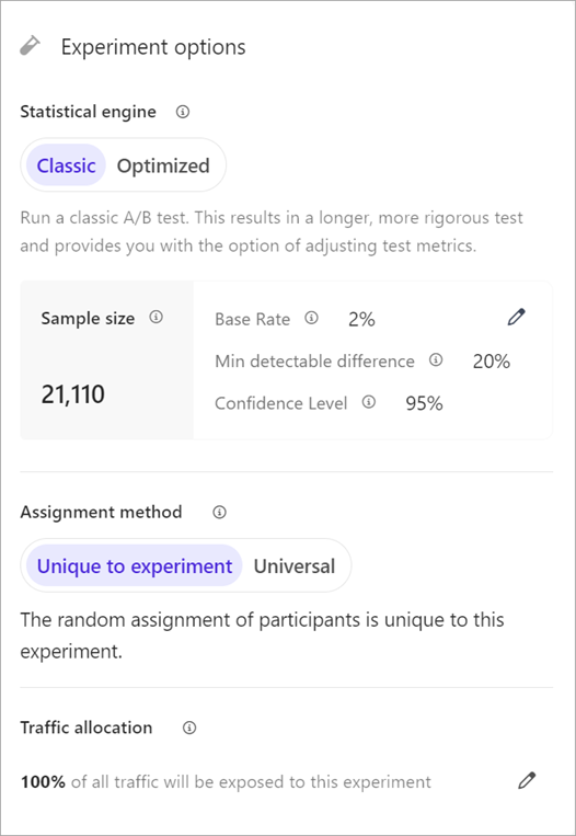 The Experiment options pane lets you select the statistical engine and assignment method, and edit the traffic allocation.
