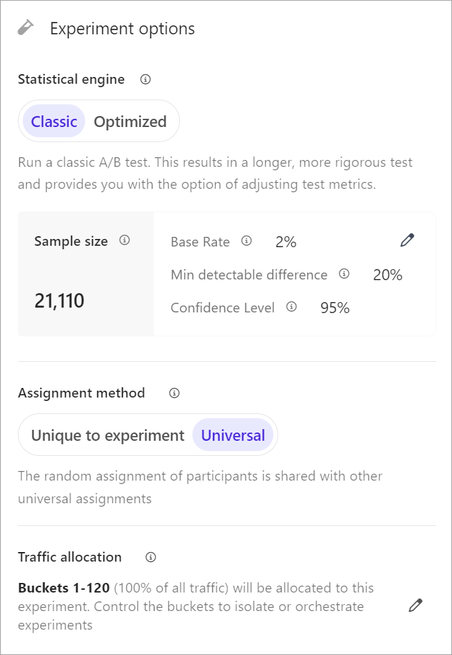 The Experiment options pane lets you select the statistical engine and assignment method, and edit the traffic allocation.