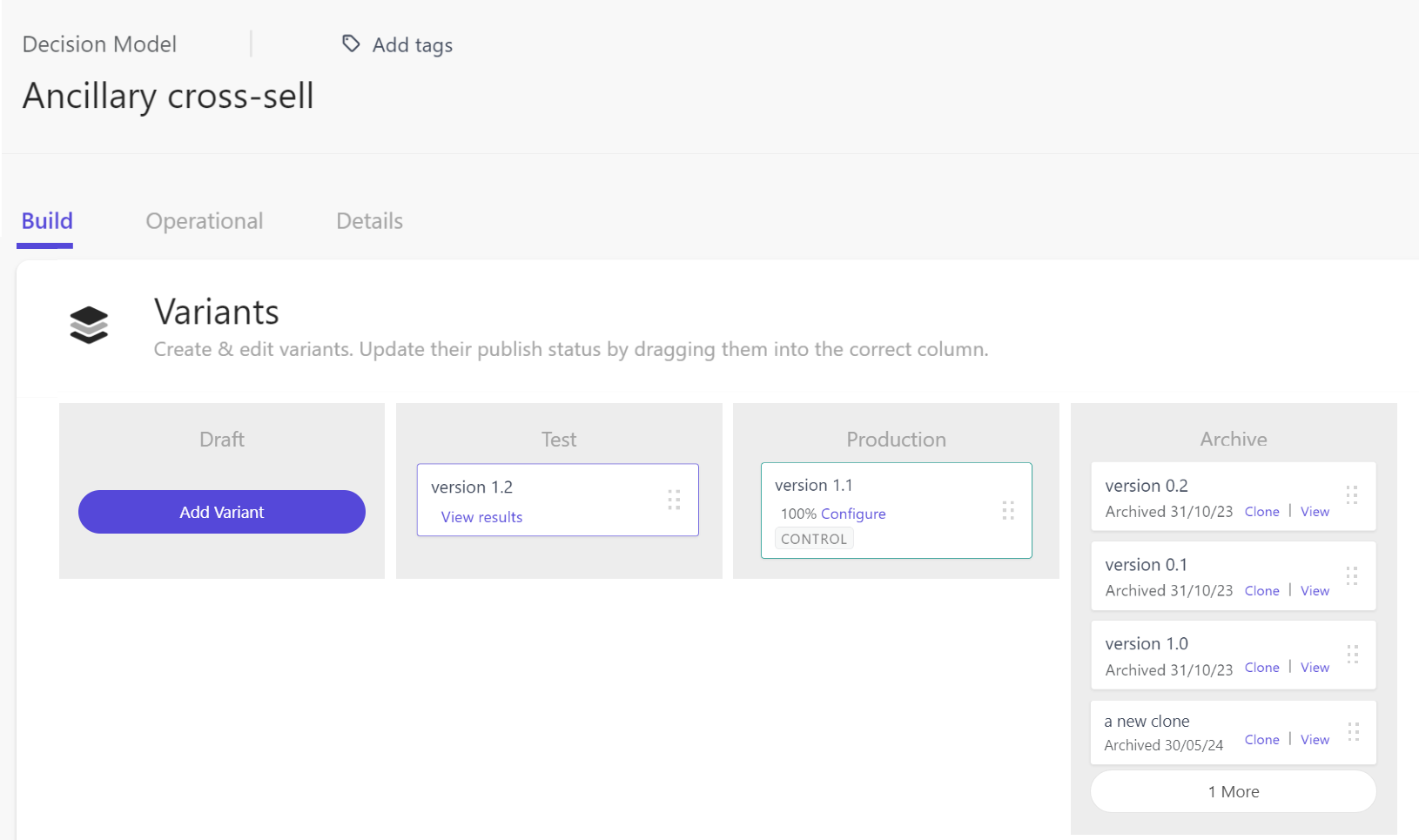 The Decision Model Profile page displays the different decision model variants and their states.
