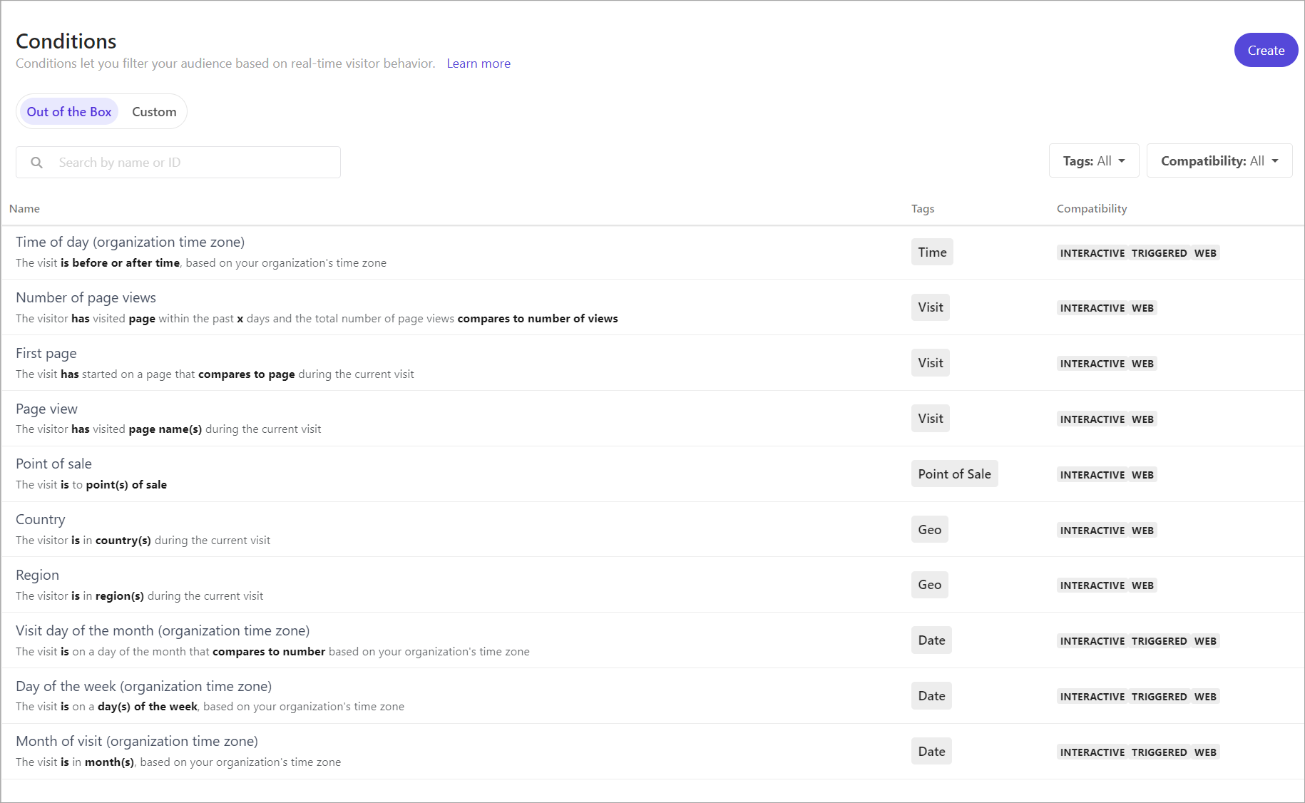 Conditions page showing out-of-the-box conditions.