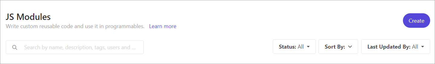 JS modules page with search bar and filter options.