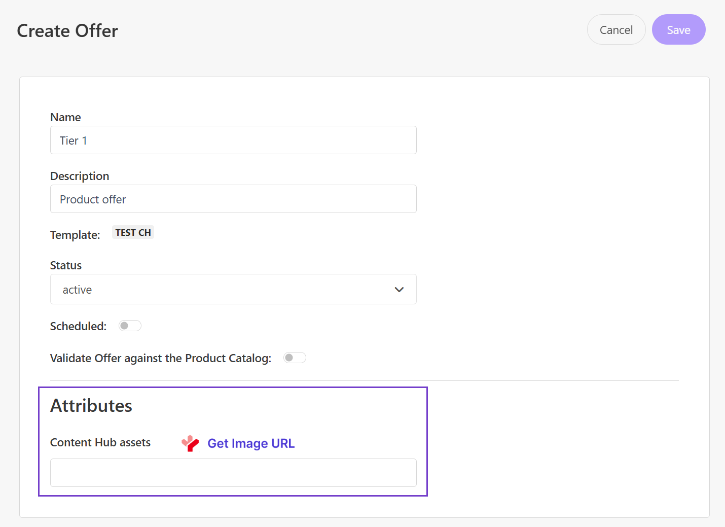 Find the Image URL field in your offer then click Get Image URL to select a Content Hub asset.