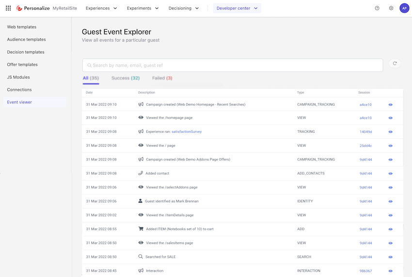 Guest Event Explorer screen in Sitecore Personalize. Guest Event Explorer screen in Sitecore Personalize.